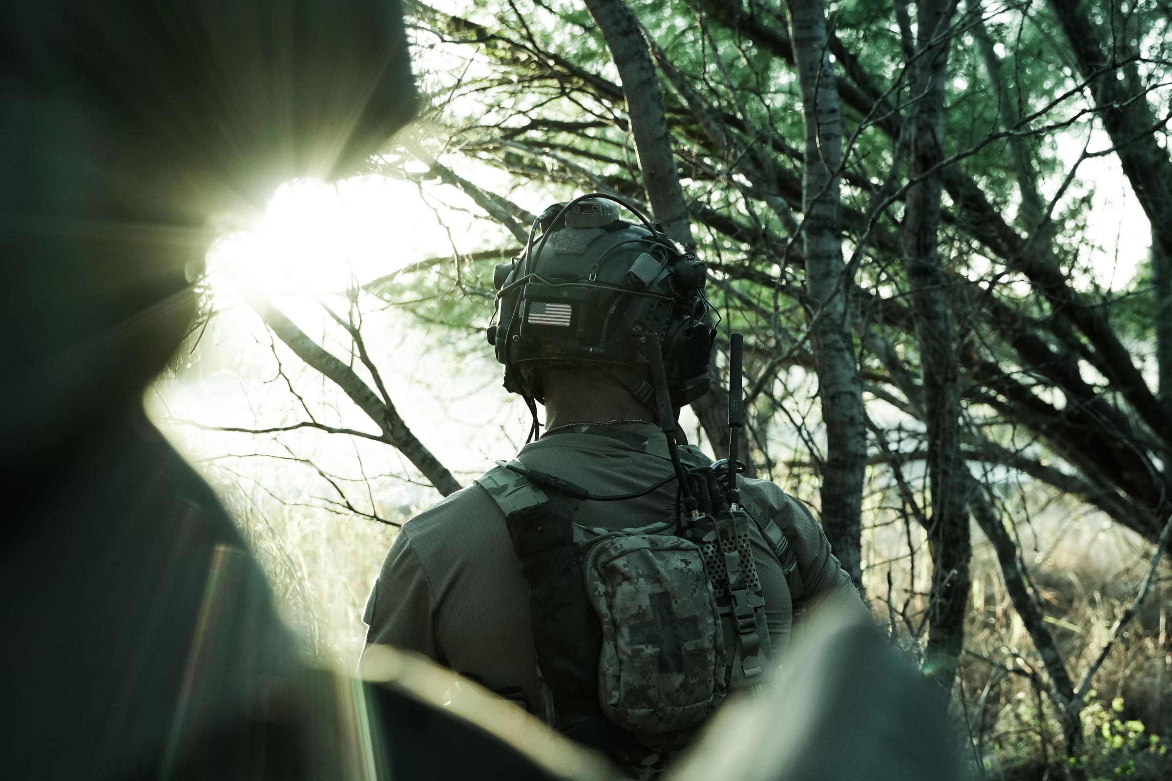 Operator from behind moving through trees into low sun