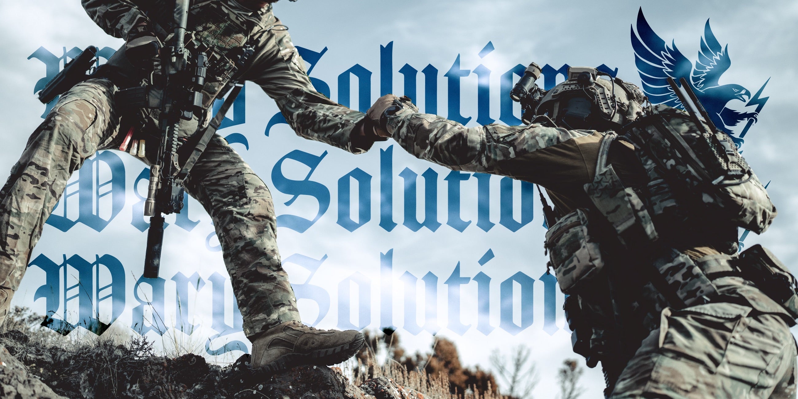 Two operators clasping hands over rough terrain - Wary Solutions brand image