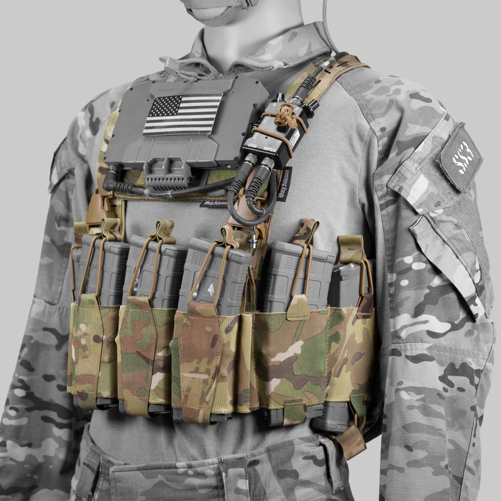 Full S.A.M System loadout on a mannequin - chest rig, placard, and comms